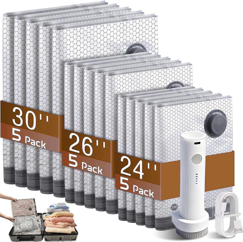 Cordless Travel Vacuum Storage Compression Bag Set with Rechargeable air Pump 15 Pack Waterproof & Reusable Compression Packing Bags for 3 Size