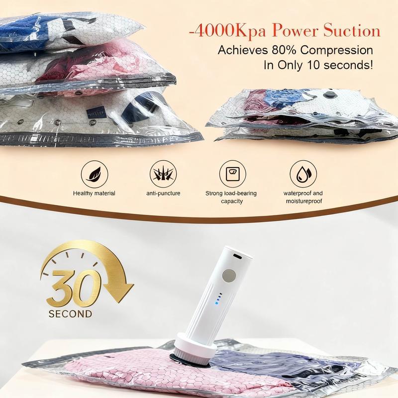 Cordless Travel Vacuum Storage Compression Bag Set with Rechargeable air Pump 15 Pack Waterproof & Reusable Compression Packing Bags for 3 Size